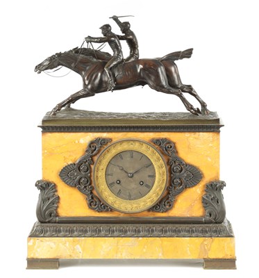 Lot 1062 - A LARGE 19TH CENTURY FRENCH PATINATED BRONZE AND SIENNA MARBLE MANTEL CLOCK