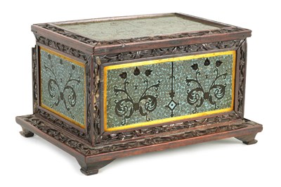 Lot 133 - A JAPANESE MEIJI PERIOD CARVED HARDWOOD CASKET SET WITH CLOISONNÉ ENAMEL PANELS