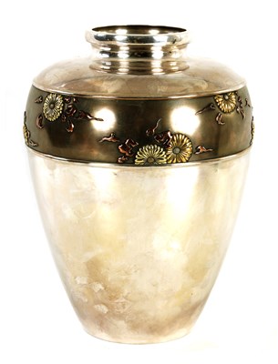 Lot 128 - A LARGE JAPANESE MEJI PERIOD TAPERING SHOULDERED SILVER VASE