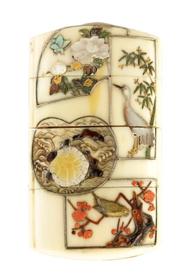 Lot 122 - A FINE JAPANESE MEIJI PERIOD IVORY AND SHIBAYAMA FOUR SECTION INRO