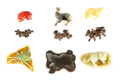 Lot 92 - A SELECTION OF JADE MINIATURE ANIMALS, INSECTS AND HARDWOOD STANDS