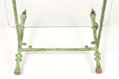Lot 419 - A STYLISH 20TH CENTURY GREEN PATINATED BRONZE GLASS TWO-TIER OCCASIONAL TABLE SIGNED DIEGO GIACOMETTI