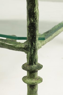 Lot 419 - A STYLISH 20TH CENTURY GREEN PATINATED BRONZE GLASS TWO-TIER OCCASIONAL TABLE SIGNED DIEGO GIACOMETTI