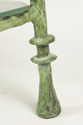 Lot 419 - A STYLISH 20TH CENTURY GREEN PATINATED BRONZE GLASS TWO-TIER OCCASIONAL TABLE SIGNED DIEGO GIACOMETTI