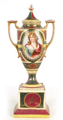 Lot 133 - A LATE 19TH CENTURY VIENNA STYLE TWO HANDLED CABINET VASE AND COVER