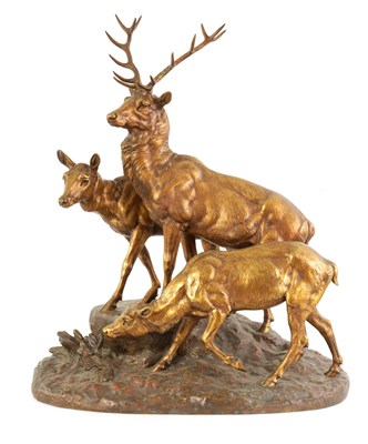 Lot 417 - J.E.MASSON (1871-1932).  AN IMPRESSIVE LATE 19TH CENTURY GILT BRONZE ANIMAL FIGURE GROUP