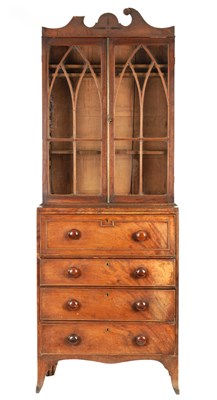 Lot 696 - A LATE REGENCY EBONY INLAID MAHOGANY SECRETAIRE BOOKCASE OF SMALL SIZE
