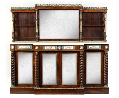 Lot 799 - A FINE REGENCY ROSEWOOD AND ORMOLU MOUNTED BREAKFRONT SIDE CABINET SET WITH SERVES PANELS