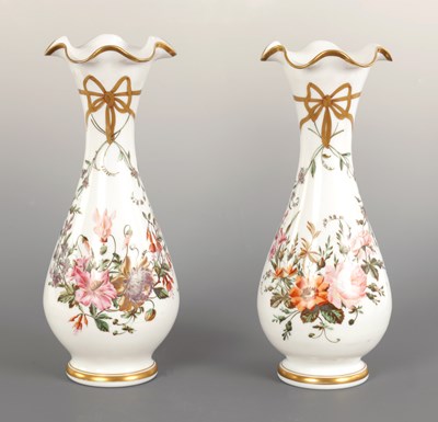 Lot 7 - A PAIR OF 19TH CENTURY FRENCH OPALINE GLASS FLORAL VASES