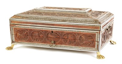 Lot 166 - A GOOD 19TH CENTURY OVERSIZED INDIAN BONE STRUNG AND MOSAIC BANDED CARVED SANDALWOOD WORK BOX