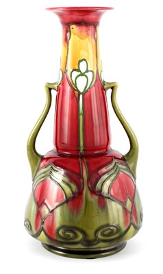 Lot 14 - A LATE 19TH CENTURY MINTON SECESSIONIST WARE SHAPED TWO HANDLED CABINET VASE WITH TALL TAPERING NECK