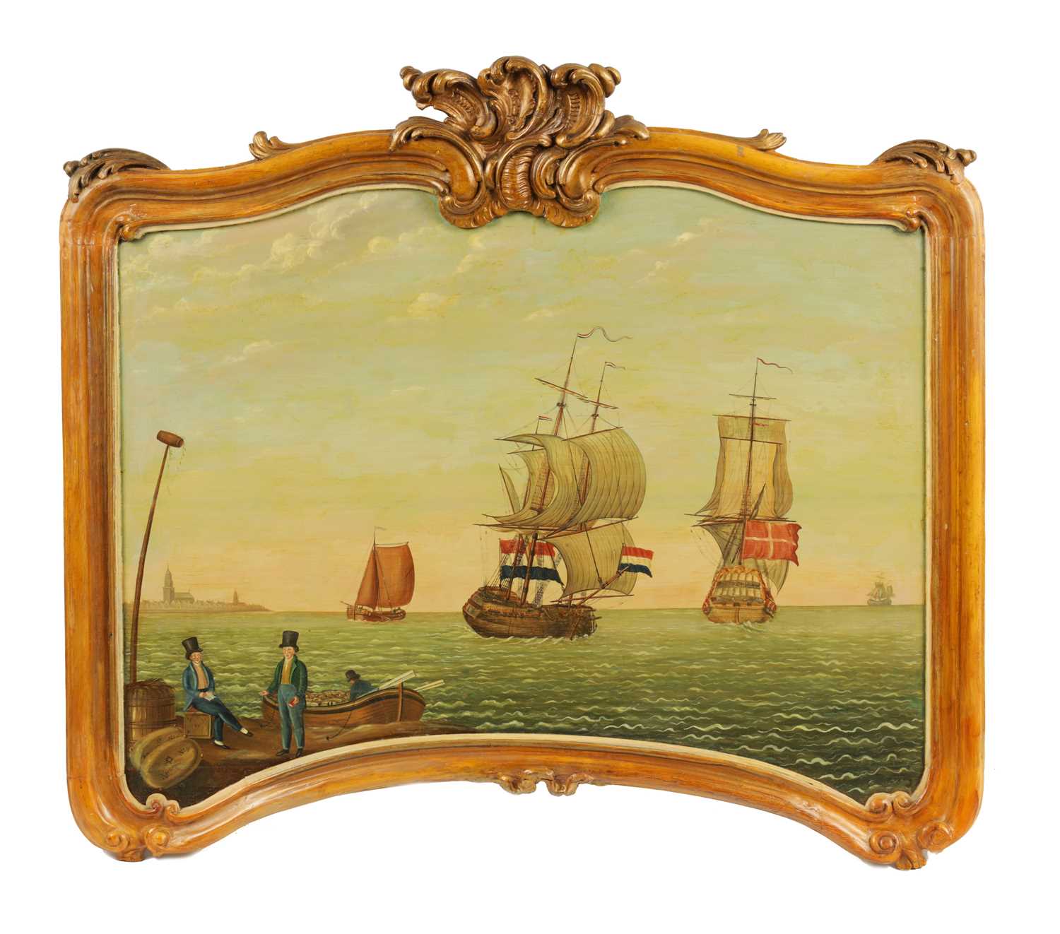 Lot 451 - A LARGE EARLY 19TH CENTURY NAIVE MARITIME OIL ON BOARD