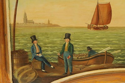 Lot 451 - A LARGE EARLY 19TH CENTURY NAIVE MARITIME OIL ON BOARD