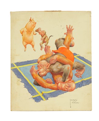 Lot 484 - CLARENCE LAWSON WOOD, RI (1878-1957) AN ORIGINAL WATERCOLOUR AND INK CARICATURE ILLUSTRATION