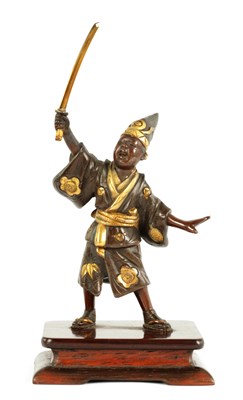 Lot 146 - A MINIATURE JAPANESE MEIJI PERIOD PATINATED BRONZE AND GILT SCULPTURE BY MIYAO