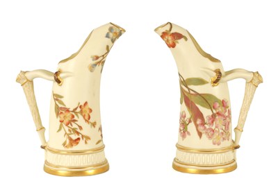 Lot 82 - A PAIR OF ROYAL WORCESTER BLUSH IVORY TUSK JUGS
