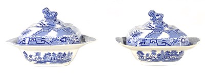 Lot 13 - A PAIR OF 19TH CENTURY BLUE AND WHITE WILLOW PATTERN SPODE TYPE TUREENS AND COVERS