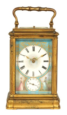 Lot 694 - A 19TH CENTURY FRENCH GILT BRASS GORGE CASE REPEATING CARRIAGE CLOCK WITH ALARM