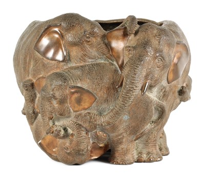 Lot 149 - A JAPANESE MEIJI PERIOD PERIOD CAST  BRONZE JARDINIERE MODELLED AS A FAMILY OF ELEPHANTS