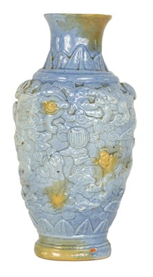 Lot 100 - A 19TH CENTURY PALE BLUE GLAZED RELIEF MOULDED CHINESE PORCELAIN VASE
