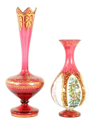 Lot 17 - TWO 19TH CENTURY RUBY AND WHITE OVERLAY BOHEMIAN GLASS VASES