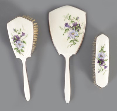 Lot 545 - A 20TH CENTURY SILVER AND ENAMEL DRESSING TABLE SET