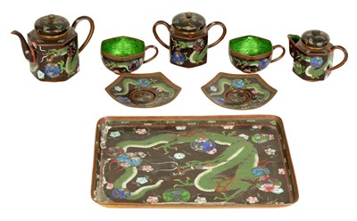 Lot 163 - A MEIJI PERIOD JAPANESE CLOISONNE ENAMEL 'TEA FOR TWO' SERVICE WITH RECTANGULAR TRAY