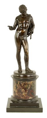 Lot 586 - A 19TH CENTURY PATINATED BRONZE SCULPTURE OF A SEMI NUDE CLASSICAL MALE FIGURE