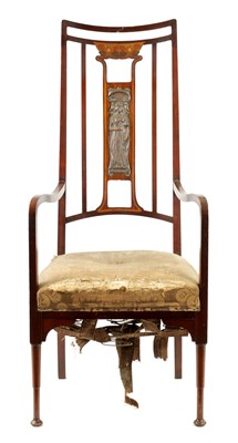 Lot 1061 - AN ART NOUVEAU MAHOGANY OPEN ARMCHAIR IN THE MANNER OF LIBERTY