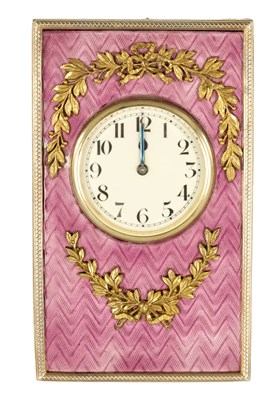 Lot 830 - AN EARLY 20TH CENTURY SILVER AND GUILLOCHE ENAMEL DESK CLOCK WITH FABERGE' MARK