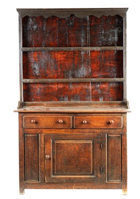 Lot 1032 - AN UNUSUALLY SMALL EARLY 18TH CENTURY WESTMORELAND OAK DRESSER AND RACK
