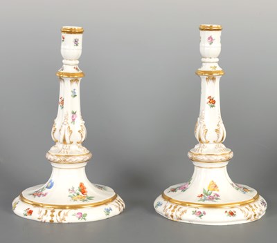 Lot 127 - A PAIR OF GERMAN KPM PORCELAIN CANDLESTICKS