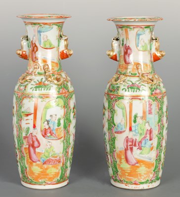 Lot 213 - A PAIR OF 19TH CENTURY CANTON FAMILLE ROSE BALUSTER VASES