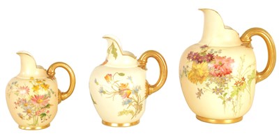 Lot 110 - THREE ROYAL WORCESTER BLUSHED IVORY ROYAL WORCESTER FLAT BACK JUGS