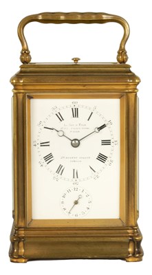 Lot 704 - DROCOURT, PARIS.  A 19TH CENTURY BRASS GORGE-CASE PETITE SONNERIE  REPEATING CARRIAGE CLOCK WITH ALARM