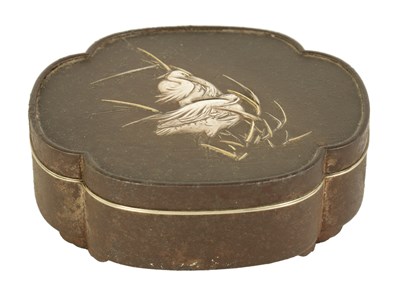 Lot 212 - A JAPANESE MEIJI PERIOD SILVER INLAID AND LINED SHAPED OVAL IRONWORK BOX