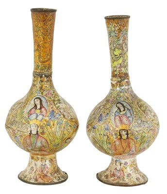 Lot 177 - AN INTERESTING PAIR OF 17TH/18TH CENTURY ISLAMIC ENAMELLED VASES