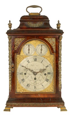 Lot 840 - WILLIAM VALE, LONDON.  A GEORGE III FIGURED MAHOGANY ORMOLU MOUNTED QUARTER CHIMING VERGE BRACKET CLOCK