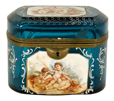Lot 12 - A 19TH CENTURY BOHEMIAN BLUE GLASS AND ENAMEL CASKET