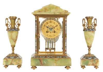 Lot 732 - A LATE 19TH CENTURY FRENCH CHAMPLEVE ENAMEL, BRASS AND ONYX CLOCK GARNITURE