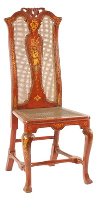 Lot 947 - AN EARLY 18TH CENTURY SCARLET LACQUERWORK AND CHINOISERIE DECORATED SIDE CHAIR