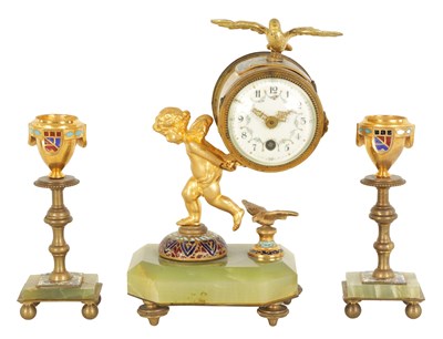 Lot 825 - A SMALL 19TH CENTURY ORMOLU, ONYX AND CHAMPLEVE ENAMEL CLOCK GARNITURE