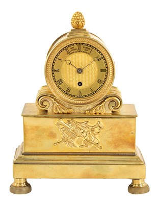 Lot 845 - PAYNE, 163 NEW BOND STREET.   A REGENCY ENGLISH FUSEE ORMOLU MANTEL CLOCK OF SMALL SIZE