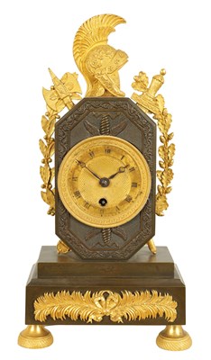 Lot 752 - AN EARLY 19TH CENTURY FRENCH BRONZE AND ORMOLU MANTEL CLOCK OF SMALL SIZE