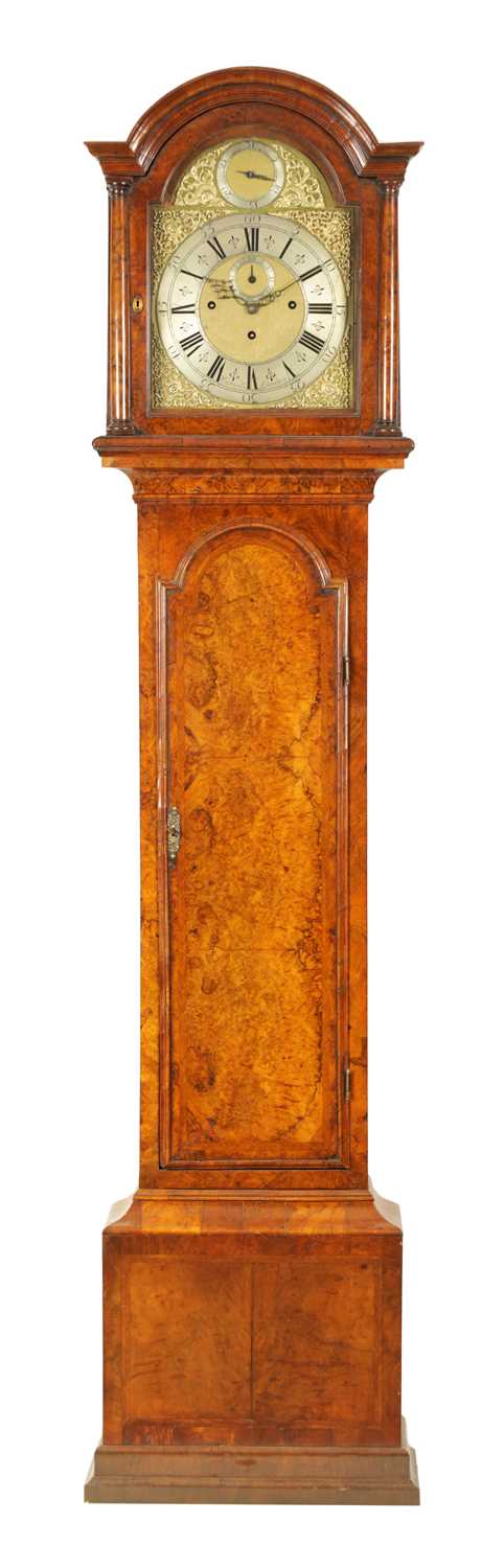 Lot 1113 - WINDMILLS, LONDON.  A GEORGE II BURR WALNUT QUARTER CHIMING LONGCASE CLOCK