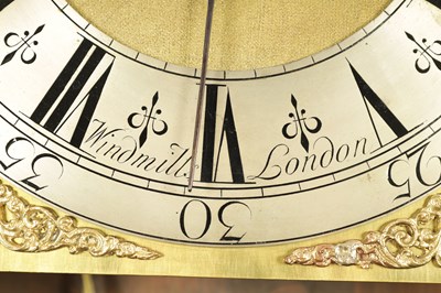 Lot 1113 - WINDMILLS, LONDON.  A GEORGE II BURR WALNUT QUARTER CHIMING LONGCASE CLOCK