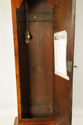 Lot 1113 - WINDMILLS, LONDON.  A GEORGE II BURR WALNUT QUARTER CHIMING LONGCASE CLOCK
