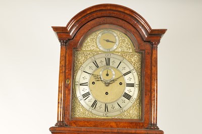 Lot 1113 - WINDMILLS, LONDON.  A GEORGE II BURR WALNUT QUARTER CHIMING LONGCASE CLOCK