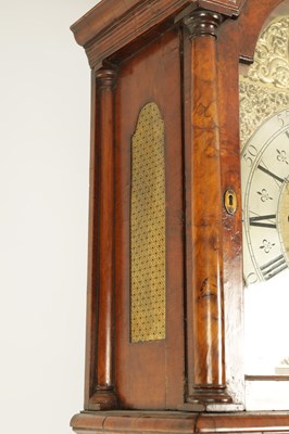 Lot 1113 - WINDMILLS, LONDON.  A GEORGE II BURR WALNUT QUARTER CHIMING LONGCASE CLOCK