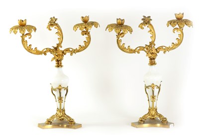 Lot 532 - A PAIR OF 19TH CENTURY TWO BRANCH ORMOLU AND OPAQUE GLASS CANDELABRA